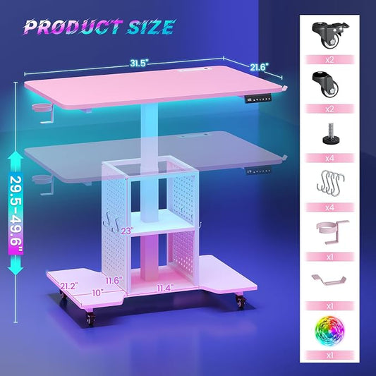 SEDETA Small Standing Gaming Desk, 31.5" Rolling Computer PC Desk Electric Height Adjustable with Power Outlet, Pegboard & Storage Shelves, LED Light, for Small Spaces/Bedroom/Gaming/Girl Room, Pink