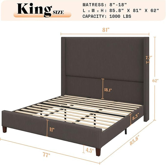 AMERLIFE King Size 62" Corduroy Upholstered Bed Frame, Luxurious Platform Bed with Extra Tall Wingback Headboard and Vertical Stripe, No Box Spring Needed/Solid Wood Slats & Legs/Chestnut