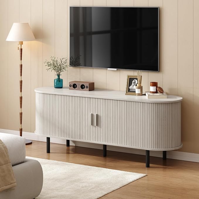 ONBRILL 55" TV Stand with Power Outlet for TVs up to 60 Inch, Entertainment Center with Storage and Adjustable Shelves, Modern Media Console with Sliding Doors for Living Room, Natural White