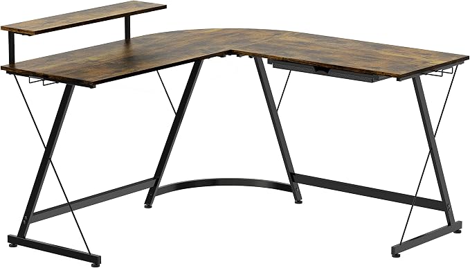 SHW 51 x 51 Inches Vista L-Shaped Desk with Monitor Stand and Drawer, Rustic Brown