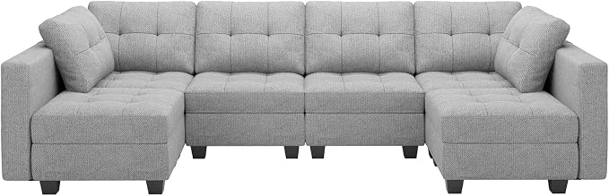 Belffin Modular U Shaped Sectional Sofa Couch with Reversible Chaises 6-seat Sectional Couch with Storage Seat Modular Sectional Set with Ottomans Light Grey