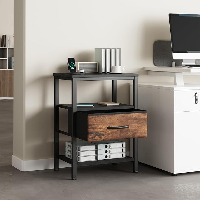 DUMOS Bedside Table with Charging Station and Adjustable Fabric Drawer Compact Nightstand 3-Tier Storage Organizer End Table for Bedroom,Black and Brown