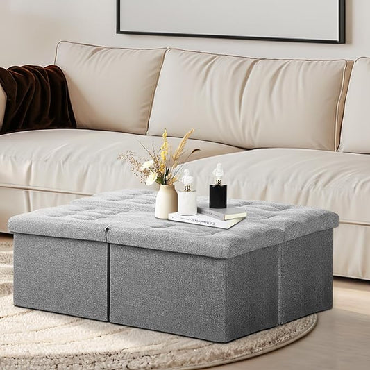 AmasSmile Storage Bench Folding Ottoman Foot Rest Stool, 34 inch Grey Linen Footstool, Short Ottoman Bench, Foot Rest Store as Books, and Blanket Storage or Others