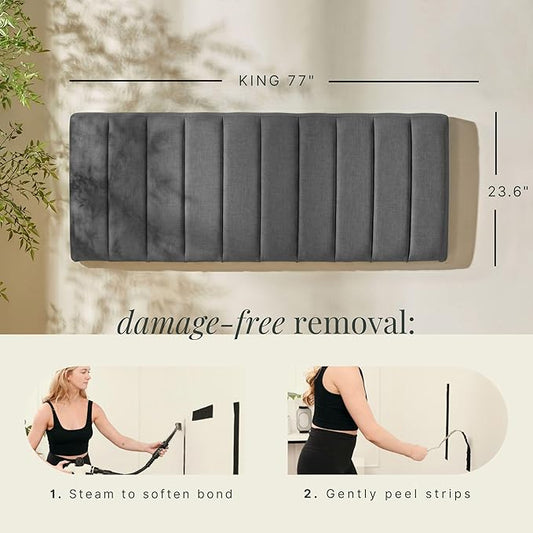 Hearth & Harbor Wall Mounted King Headboard Only, Bed Headboard King Size | Easy Assemble, Floating Peel and Stick, Upholstered, Channel Stitched, 3D Wall Panels, 5 Strips of 3M Tape Included, Grey