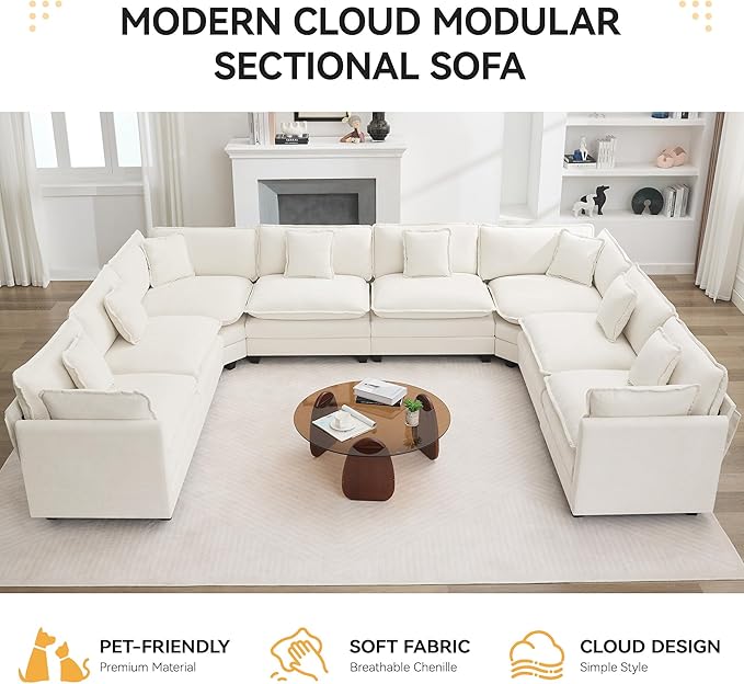 147'' Oversized U Shaped Cloud Sectional Sofa, Chenille Deep Seat Couches for Living Room, Comfy Upholstered Modular Sectional Sofa Couch, Beige