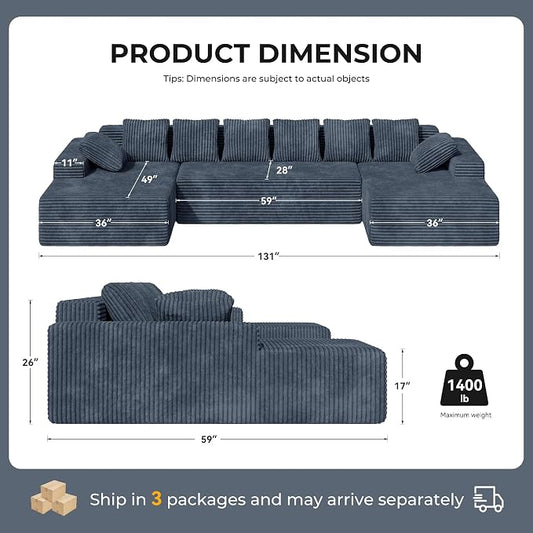 131'' Modular Sectional Cloud Sofa, U-Shaped Boneless Couches with Chaise Lounge Deep Seat with 8 pcs Pillows, Fluffy Memory Foam(No Assembly Required)