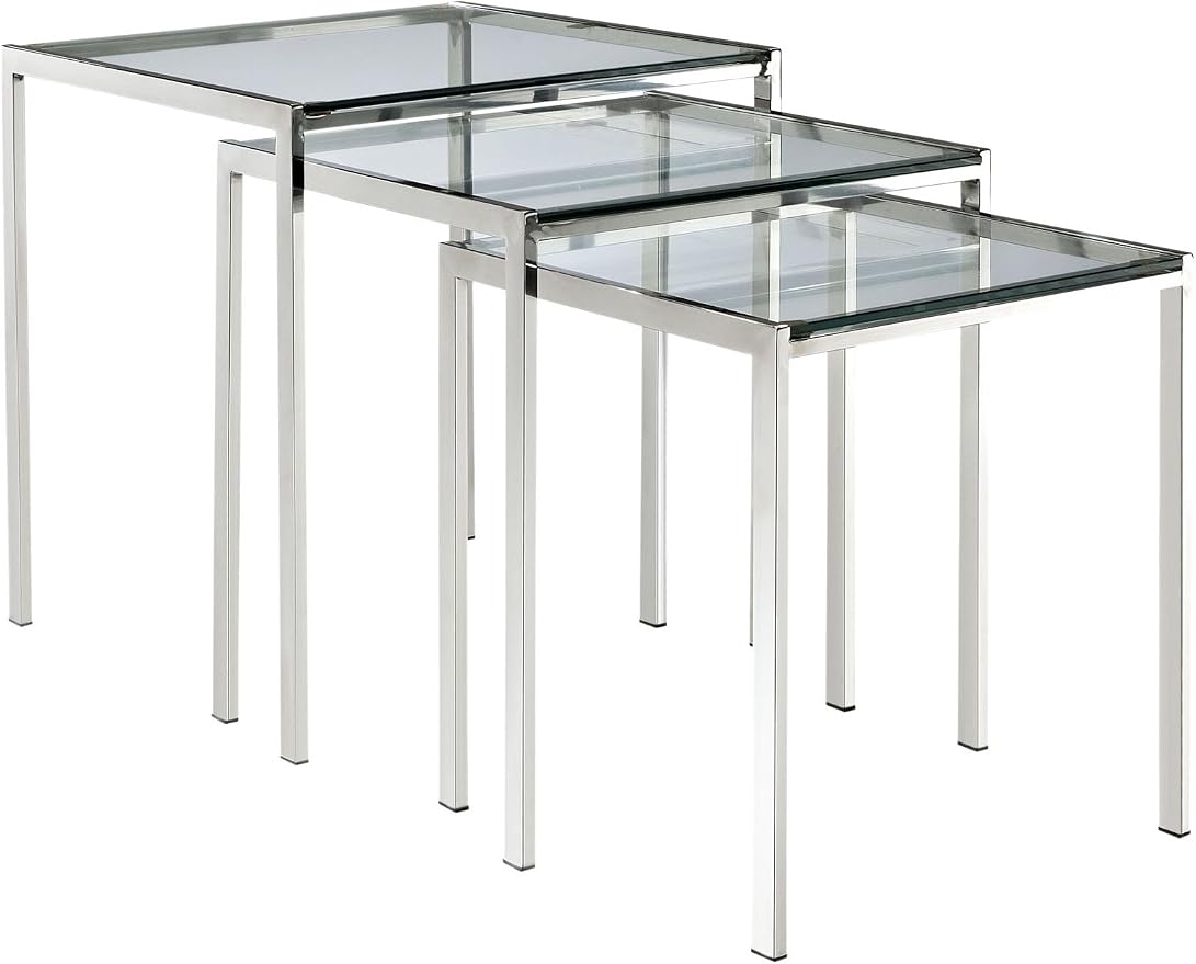 Modway Nimble Glass and Stainless Steel 3-Piece Side Nesting Table Set In Silver