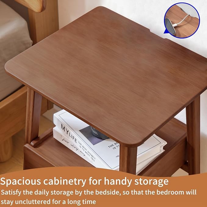 JIKUGO Nightstand Mid Century Modern and Drawers Display Cabinet for Bedroom Bamboo Bedside Tables 21.9x15.8x14.2in Night Stands Bed Side Table