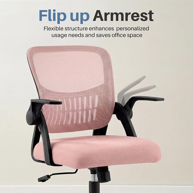 DUMOS Home Office Desk Chair - Ergonomic Computer Mesh Chair with Lumbar Support & Rocking Mode, Height Adjustable with Flip-up Armrest, for Conference, Meeting Room, 360° Swivel, Adults, Pink