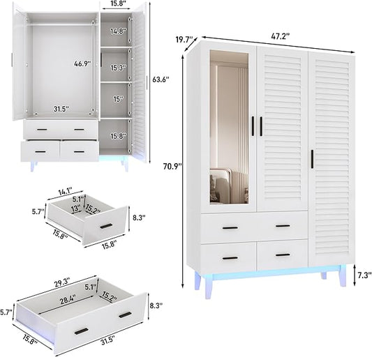 jiteentarou 3 Door Armoire Wardrobe Closet Cabinet with Drawers and LED Lights, Multi-Tier Shelves, Hanging Rod & 3 Louver Doors, Large Capacity Storage Wardrobe Armoire for Bedroom(3 Doors White)