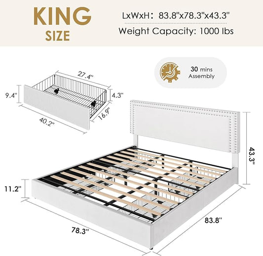 VECELO King Size Upholstered Bed Frame with 4 Storage Drawers, Adjustable Velvet Rivet Decor Headboard, Wooden Slats Platform Support, No Box Spring Needed, Easy Assembly,White