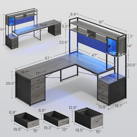SEDETA L Shaped Gaming Desk with Drawers, Reversible Computer Corner Desk with File Drawer, Hutch, Storage Shelves for Home Office, Gaming Two Person Desk with Led Lights, Power Outlet, Grey