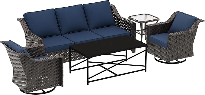 5 Pieces Outdoor Conversation Furniture Set - 77" Patio Sofa, 2 Swivel Rocker Chairs, 1 Side Table, 1 Metal Table, Patio Wicker Couch Set with Washable Cushions for Porch (Navy Blue)