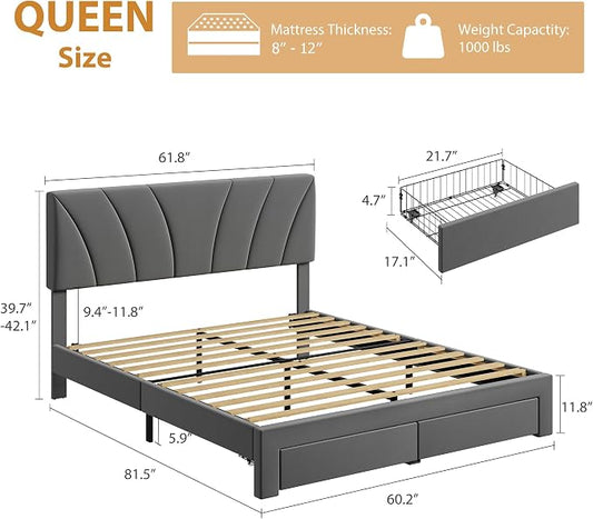 Garvee Queen Size Bed Frame with 2 Storage Drawers & Adjustable Headboard, Velvet Upholstered Platform Queen Bed Frame, Wooden Slats Support, No Box Spring Needed, Easy Assembly, Grey