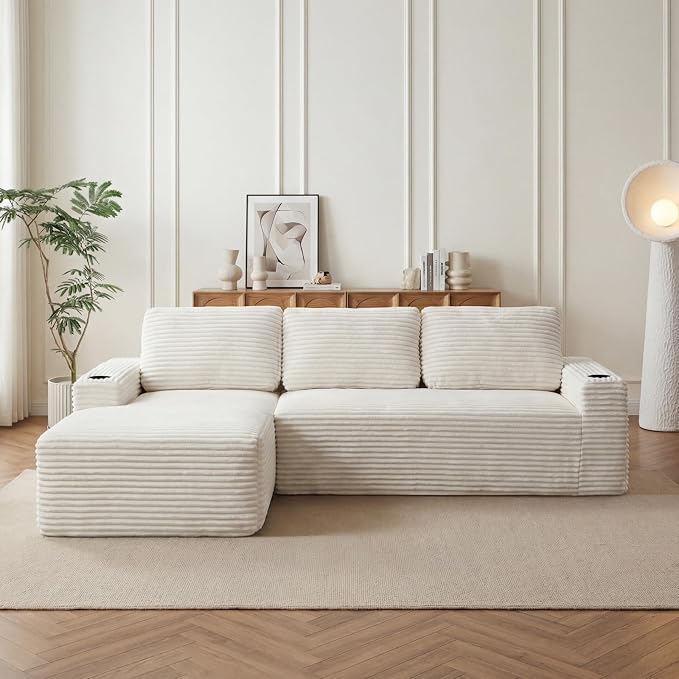 104" L Shaped Boneless Sectional Couches for Living Room, Comfy Corduroy Floor Cloud Sofa with Chaise and Cup Holder, Wide Armrest, Deep Seat, Assembly Free, Ideal for Small Spaces, Beige