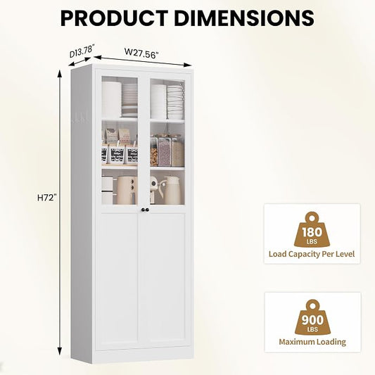 Kitchen Pantry Storage Cabinet, 72" H Storage Cabinet with Doors and Adjustable Shelves, Spacious Cupboard with 2 Handles, Metal Kitchen Cabinet for Dining Room, Living Room, White