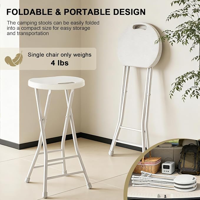 24 Inch Folding Stool, Portable Folding Stool with Handle & Non-Slip Feet, Sturdy 440lbs Capacity Folding Bar Stool for Kitchen, Camping, Fishing, White