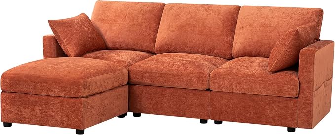 84” Chenille 3-Seats Sofa W/Movable Ottoman, Orange | Modern Fabric L-Shaped Couch w/Soft Backrests, Upholstered Sectional Sofa w/Arm Pillows for Living Room