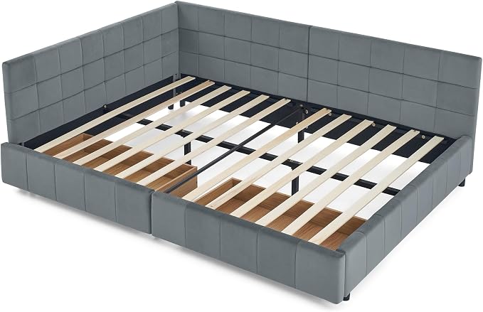Bellemave Full Size Corner Bed Frame with Storage Drawers, Comfortable Backrest and Armrests, Velvet Tufted Corner Bed Frame Full Size, Upholstered Daybed for Bedroom, Living Room, Guest Room, Gary