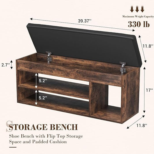 Apicizon 39 Inches Storage Bench with Padded Cushion, Shoe Bench with Storage Space, Upholstered Entryway Bench for Living Room, 2-Tier Shoe Rack Organizer, Brown