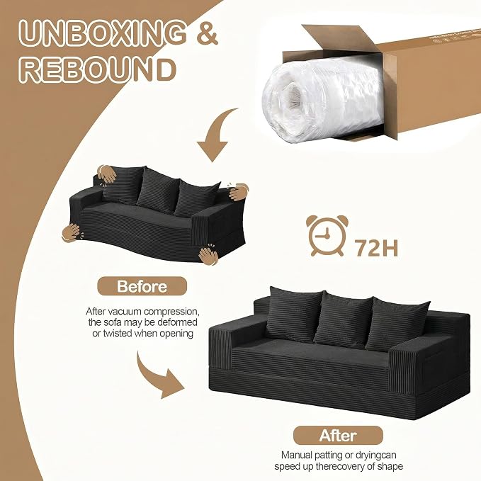 78.5” Convertible Sofa Bed,Corduroy 3 Seater Boneless Couch Bed Futon,Fold Out Couch with 3 Pillows,Loveseat Sleeper with Pull Out Bed for Living Room, Guest,Bedroom,Black
