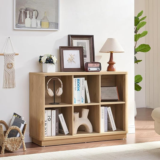 Joaxswe 6 Cube Storage Book Shelf, 40" Wide Low Horizontal Bookcase with Curved Edge, Floor Standing 2-Tier Wooden Bookshelf with Base, Modern Short Book Case for Bedroom, Study, Entryway, Natural Oak