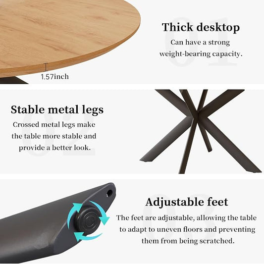 HIPIHOM 43.2"-59.1" Extendable Round Kitchen Table with 4 PU Leather Chair | Mid century modern oak finish, sturdy MDF, space saving design, for 4-6 person, dining & coffee use