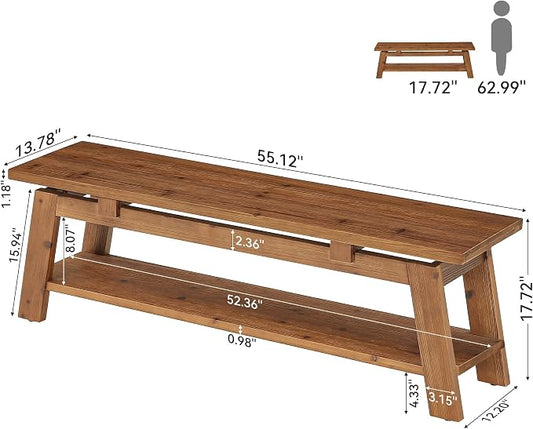 Solid Wood Bench, 55" Farmhouse Entryway Bench with Shoe Storage | End of Bed Bench Shoe Bench Seat for Entrance Hallway Bedroom Living Room, 350 lb Capacity, Scratch Resistant, Natural Brown