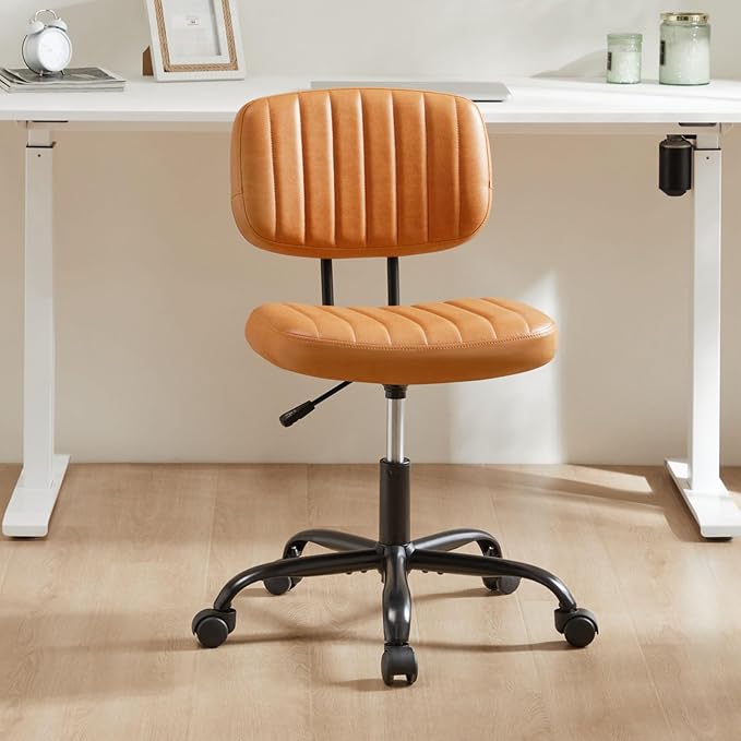 Sweetcrispy Small Office Desk Chair, Armless PU Leather with Comfy Lumbar Support, Height Adjustable Rolling Swivel Task for No Arms, for Adult, Student, Bedroom, Home, Vanity, Brown