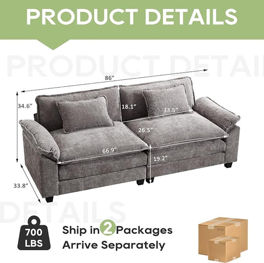 Oprisen 86" Modular Sectional Sofa, Comfy Cloud Couch Sectional Sofa with Ottoman, Chenille Sofa Sleeper Deep Seat Sofa with Throw Pillows for Living Room (Light Gray, 86"- Loveseat)