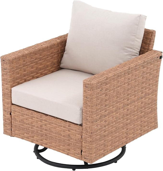 SUNSITT Patio Swivel Chair, Wicker Swivel Chairs Outdoor Seating Furniture with Thick Comfy Cushions, for Porch, Balcony, Deck, Natural Rattan Color