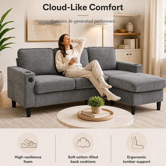 67'' L-Shaped Velvet Modular Sectional Couch Sofa with Ottoman, 3-Seat Convertible Cloud Deep Seat Sofa Couches for Living Room Bedroom Apartment, Cozy Chaise Lounge Sofas (Ligth Grey)