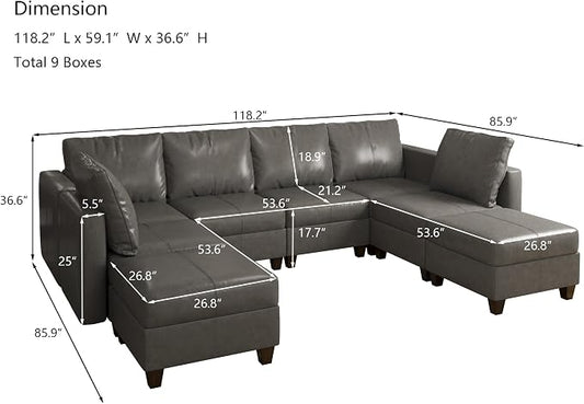 EASE MOOSE Modular Sofa Sectional Couch with Storage Ottomans, Faux Leather Sectional U Shaped Sectional Sofa Modular Sectional Sofa Couch with Reversible Chaises