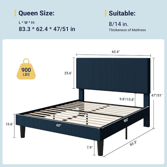 Allewie Queen Size Upholstered Bed Frame with Vertical Channel Tufted Headboard, Soft Corduroy Fabric Platform Bed, Strong Wooden Slats Support, Easy Assembly, No Box Spring Needed, Dark Blue