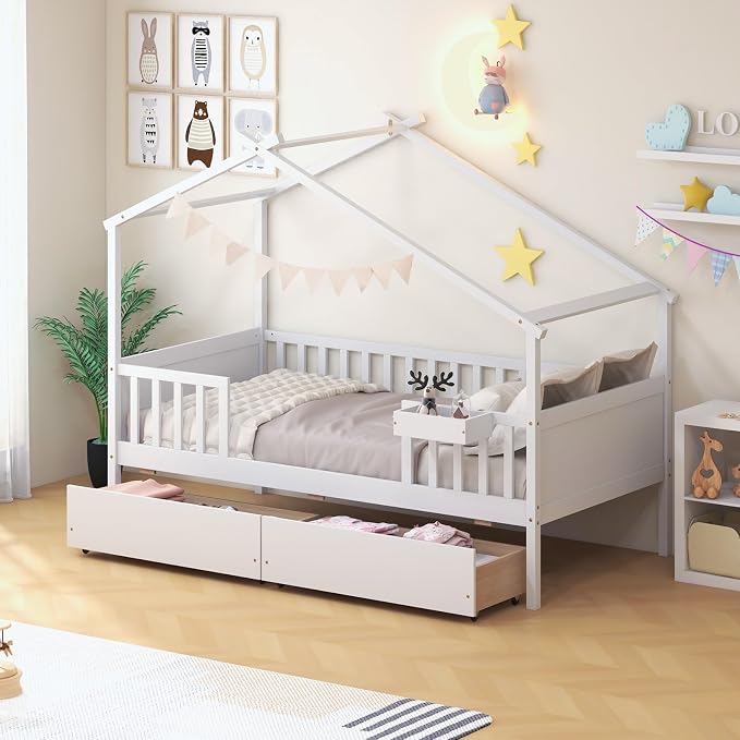 Giantex Twin House Bed with Drawers, Wooden Twin Bed Frame with Cube Storage & Fence Rails, Montessori Beds for Kids Boys, Girls, Bedroom, Living Room, No Box Spring Needed, White