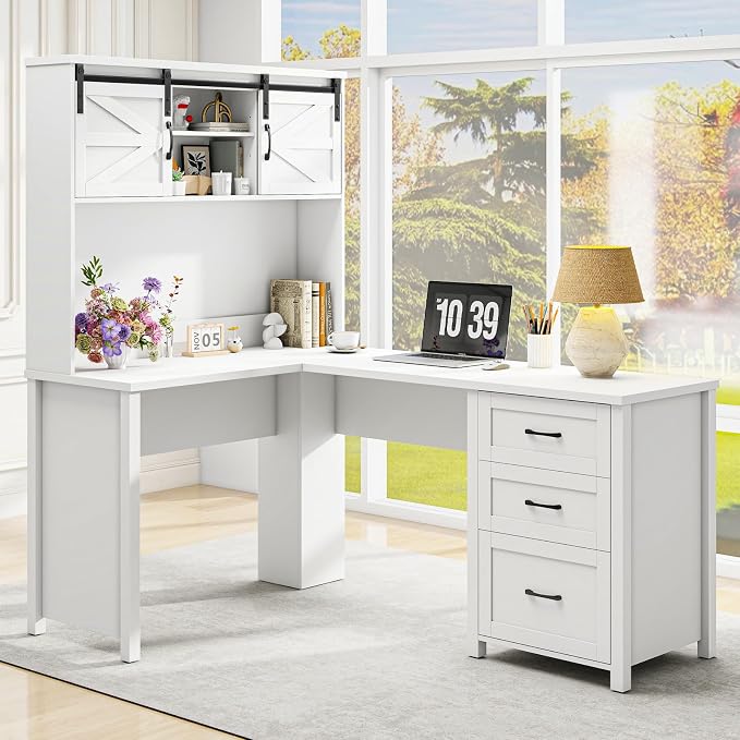Vabches Farmhouse 68" H L Shaped Desk with Hutch,Office Table with 3 Drawers and Sliding Doors, Executive Desk with File Drawers, Wood Workstation for Home Office and Study.Cream White