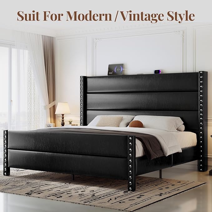 King Size Bed Frame with Storage Shelf & Charging Station, 55" Tall Headboard & 25.6" Footboard, Faux Leather Upholstered Platform Bed with Big Rivets Wingback, Heavy Duty & Noise-Free, Black
