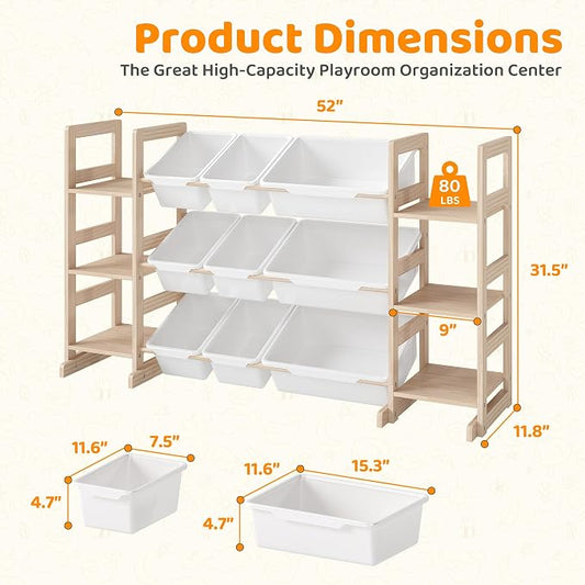 GITAWUSA Toy Storage Organizer, Kids Bookshelf with 6 Shelves, 9 Toy Bins | Toy Shelf, Storage Bin Unit, Toy Organization for Playroom, Nursery, Bedroom, Toddler Room, White, 52''W