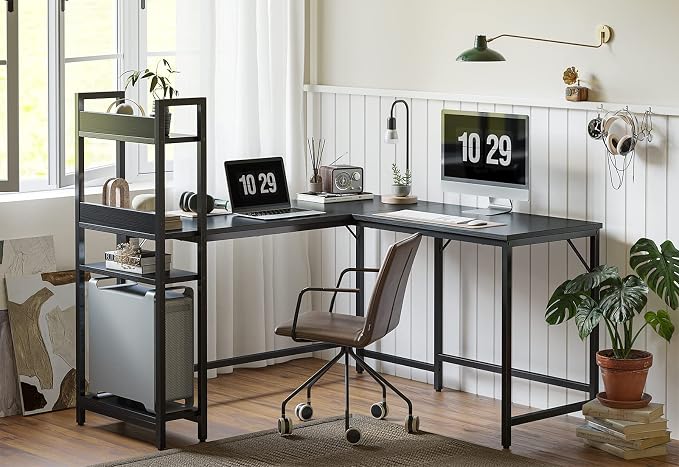 CubiCubi L Shaped Desk, 51.1 Inch Computer Corner Desk with Hutch, Storage Shelves, Writing Gaming Study Desk with Bookshelf, Black