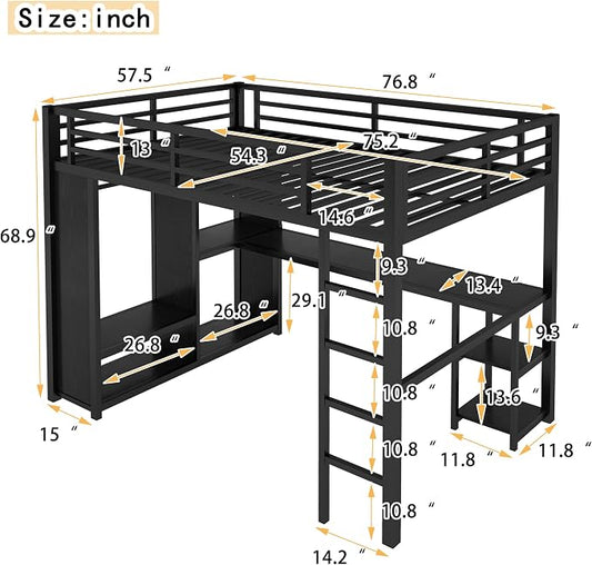 Bellemave Full Size Loft Bed with Desk, Wardrobe, Metal Full Loft Bed Frame for Adults, Kids, Teens, Black