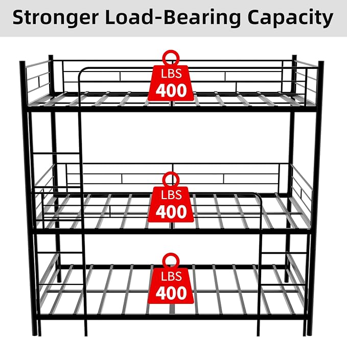Triple Bunk Bed, Twin Over Twin Heavy Duty Metal 3 Bunk Beds with Safety Guardrails and Dual Ladders, Metal Bunk Bed for 3, Convertible to 3 Beds for Teens & Adults, Black | triple bunk beds