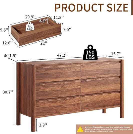CHUWELL 3-Piece Bedroom Dresser Set-6 Drawer Dresser & 2 Nightstands,47" Wide Walnut Dresser and Night Stands with Solid Wood Cylindrical Legs
