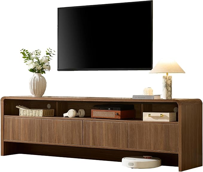 AMERLIFE 70" Modern TV Stand for TVs Up to 80", Wood TV Console with Curved Profile Design & 2 Storage Cabinets, Media Console Entertainment Center for Living Room, Brown