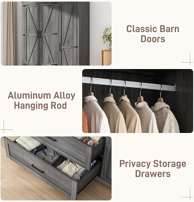 Hlivelood 3 Doors Wardrobe Armoire Closet with Doors and Drawers, Farmhouse Wooden Armoire Storage Cabinet with Shelves & Hanging Rod for Bedroom, Grey