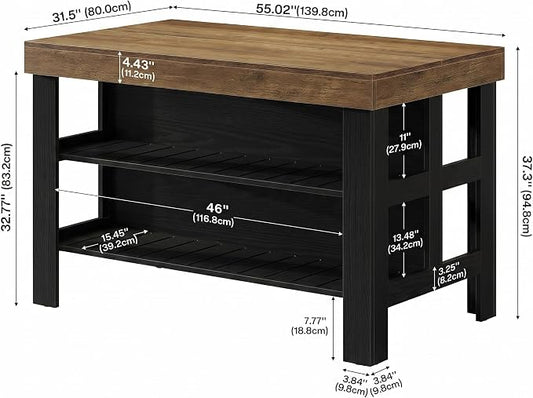 Tribesigns 55.1-Inch Kitchen Island with Seating and Storage, 3-Tier Large Farmhouse Island Table with Large Countertop and Leg Room for Kitchen Dining Room (Brown and Black)