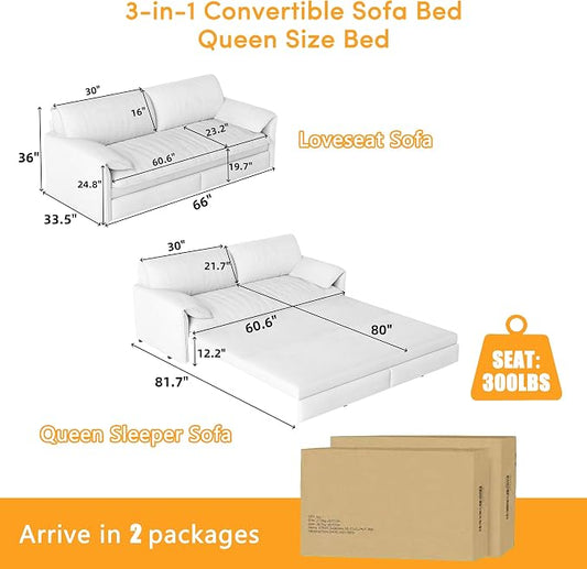 63.8" Sofa Bed Queen Size, Pull Out Couch Bed, 3-in-1 Convertible Sleeper Sofa with Side Pocket, Modern Velvet Futon Couch for Living Room, Small Space, Apartment, Bedroom, Beige