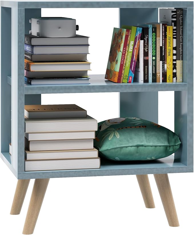 Huhote Kids Nightstand, 2-Tier Night Stand with Open Storage, Modern Side Table for Bedroom, Study Room, Small Spaces, Blue