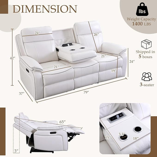 Power Reclining Sofa with Fold Down Table, Breathable PU Leather Electric Reclining Couch, 3 Seater Recliner Sofa with Power Outlets/USB-C/A Ports for Living Room(White, 3 Seat)