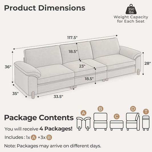 SITJOY Large Cloud Couch, 118" Wide 3 Seater Sofa, Light Gray Chenille | Detachable and Washable Chenille Cover Sectional Sofas for Living Room, Deep Seat Wide Couch