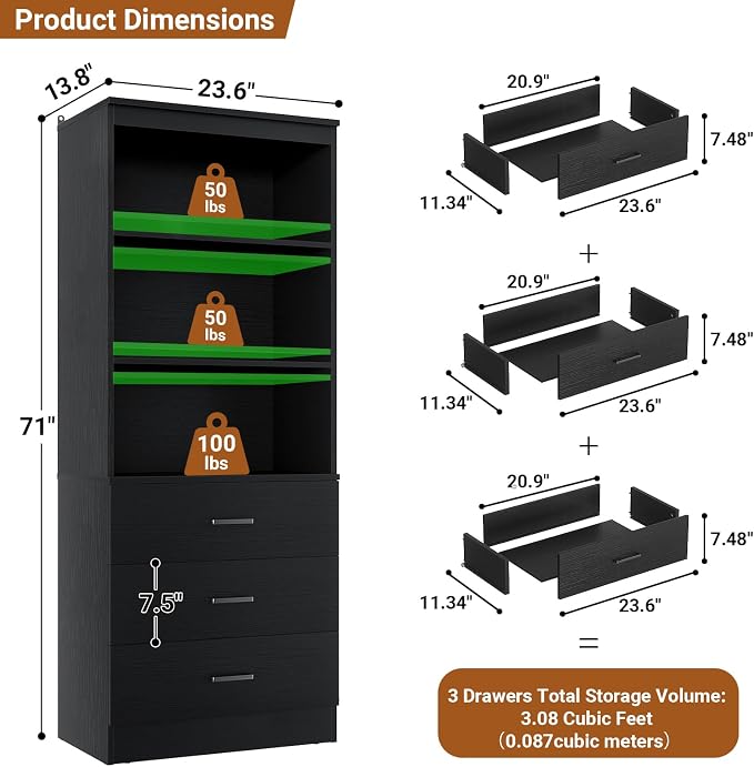 Aheaplus 47.2" Closet Drawers System, 3.94FT Wood Closet Organizer System with 6 Drawers, Modular Small Walk-in Closets Storage Unit, Set of 2, Black (47.2" L x 13.8" W x 71" H)